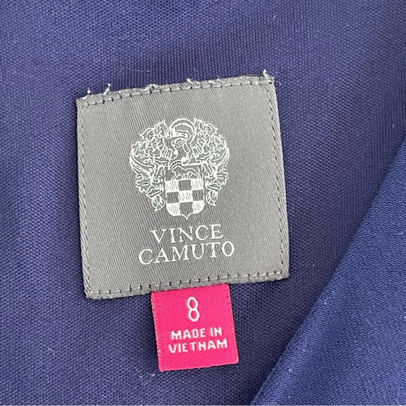 VINCE CAMUTO Navy Blue Striped Iris Dress Women’s Size 8 3/4 Sleeve Zip Back - Picture 5 of 7